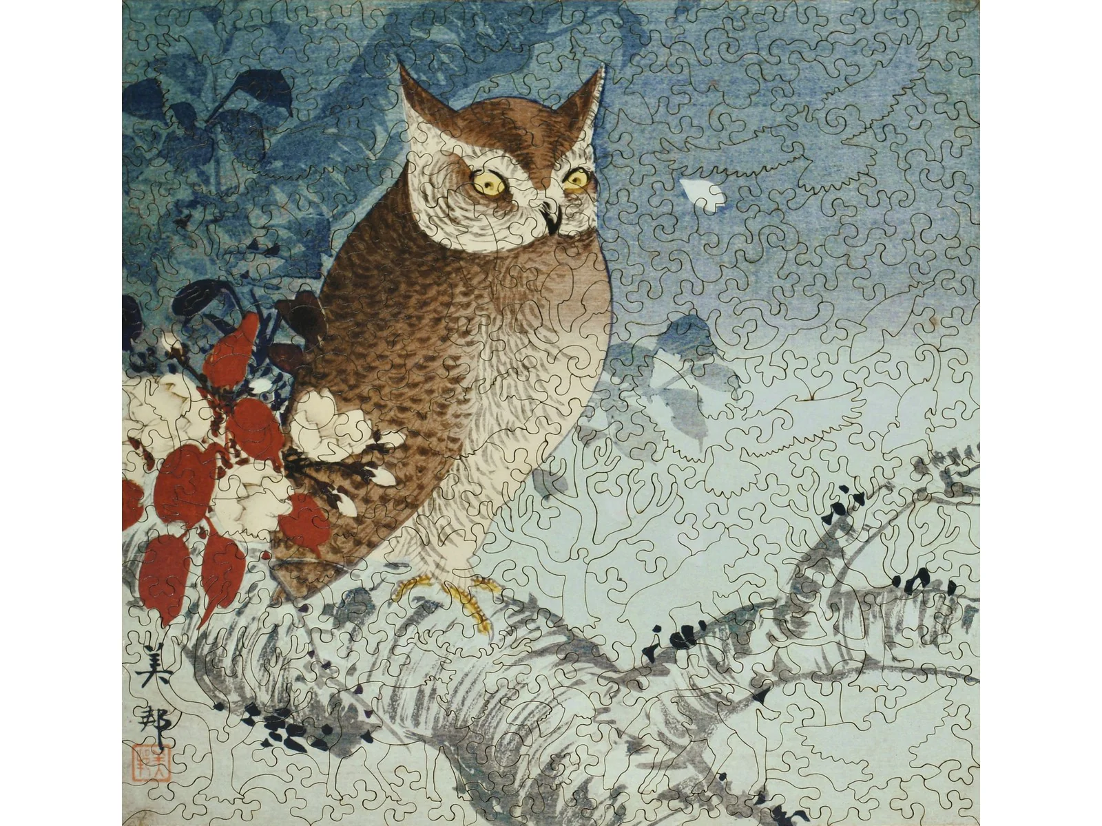 Owl and Cherry Branch