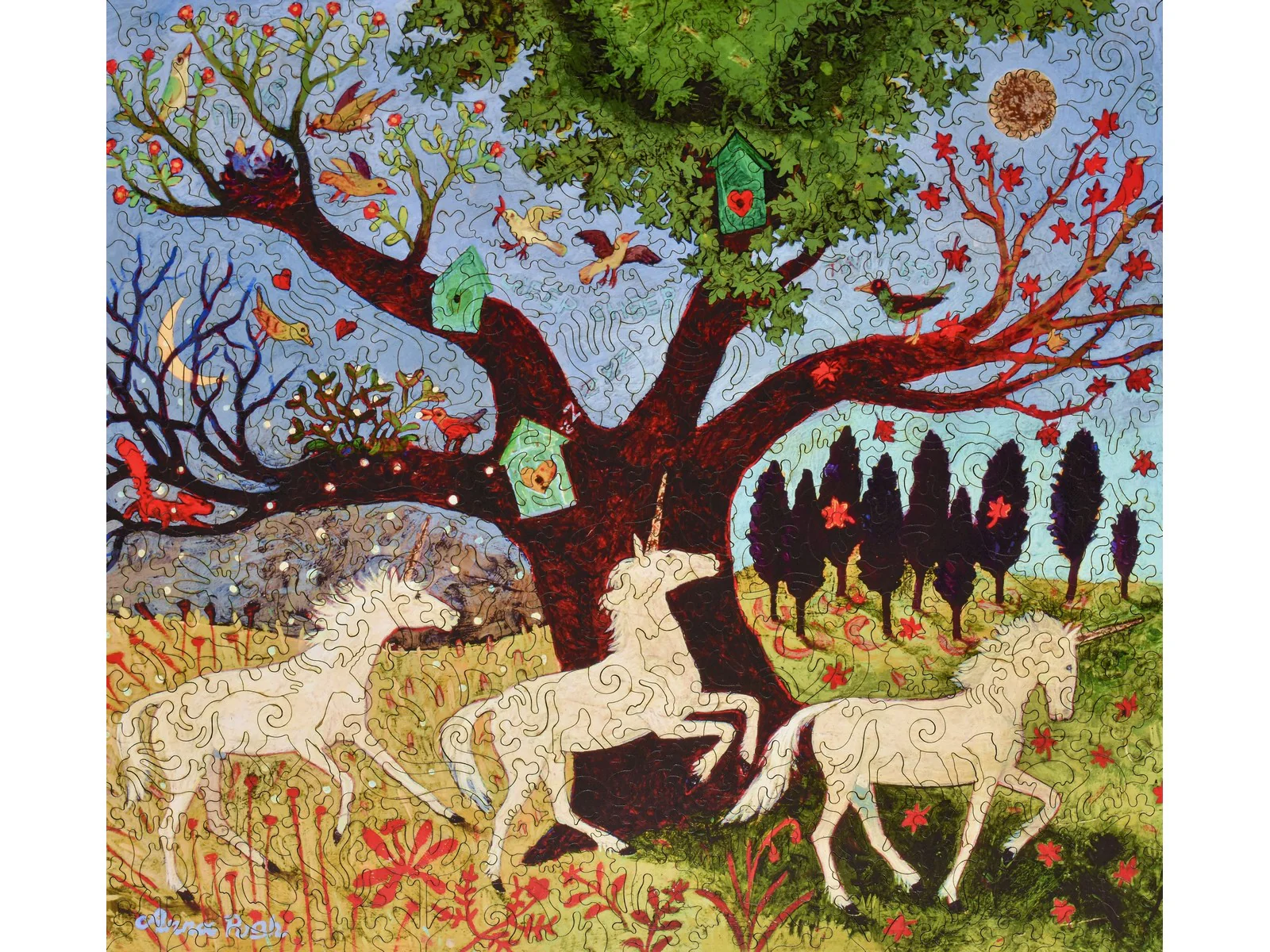 Three Unicorns by a Tree